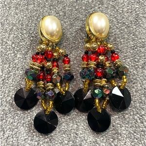 🌿 Vintage Statement Earrings Gold Boho Eclectic Pearl Beaded Clip On 80s 90s